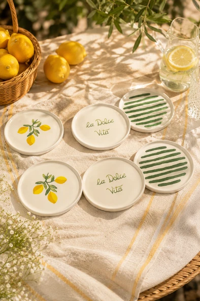 Amalfi 6’lı Seramik Pasta ve Servis Tabağı Seti 20 cm – Limon Desenli Akdeniz Sofra Takımı ürün görseli 1