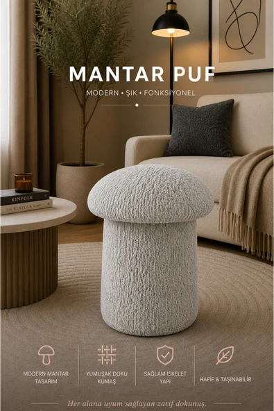 Tasarım Luxury Mantar Puf – İthal Bukle Kumaş, Modern & Zarif ürün görseli 1