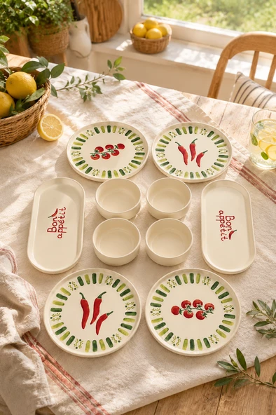 Green Bon Appetit 10 Parça 4 Kişilik Stackable Seramik Kahvaltı Takımı Lüx Sunum Seti Tabağı ürün görseli 1