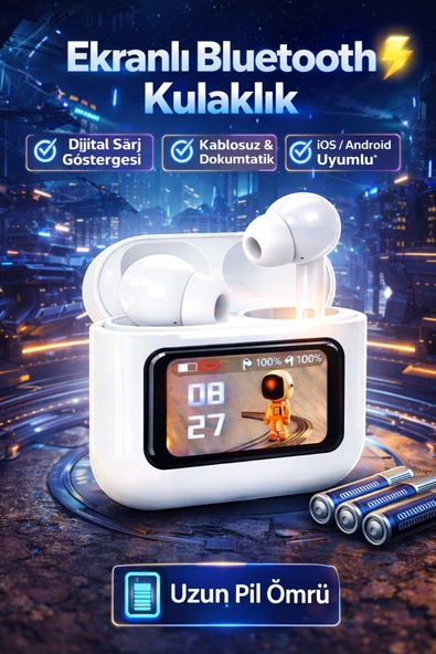 Uzak Store TWS Ekranlı Bluetooth Kulaklık – Dijital Şarj Göstergeli, Dokunmatik, Uzun Pil Ömrü Beyaz ürün görseli 1