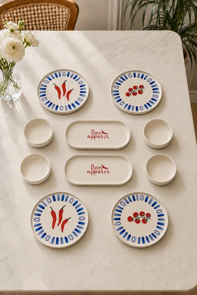 Blue Bon Appetit 10 Parça 4 Kişilik Handmade Stackable Seramik Kahvaltı Takımı Lüx Sunum Seti Tabağı ürün görseli 1