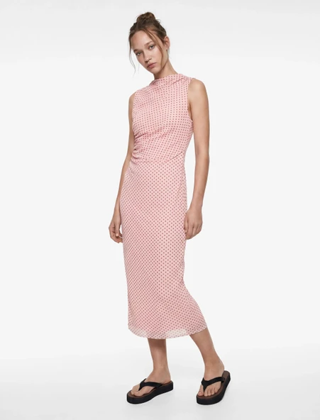 Drapeli Slim Fit Kolsuz Bisiklet Yaka Puantiyeli Uzun Elbise ürün görseli 1