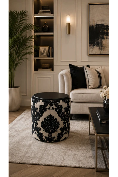 Tasarım Premium Dokuma Kumaş Puf Sehpa 40x46 cm | Modern Yuvarlak Oturma Pufu | Dekoratif ürün görseli 1