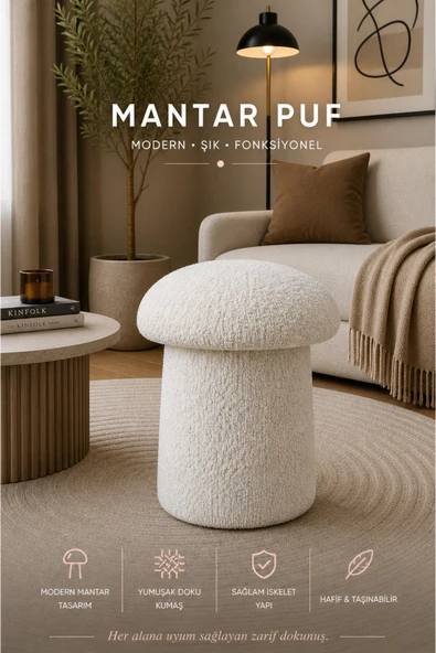 Tasarım Luxury Mantar Puf – İthal Bukle Kumaş, Modern & Zarif ürün görseli 1