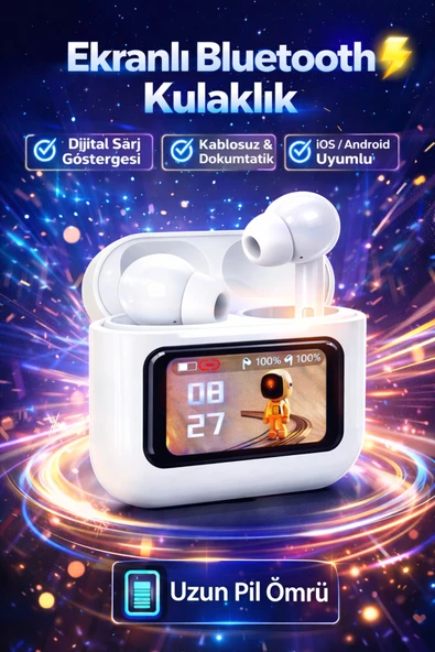 Uzak Store Dijital Ekranlı Kablosuz Kulaklık – HD Ses, Uzun Pil Ömrü Beyaz ürün görseli 1