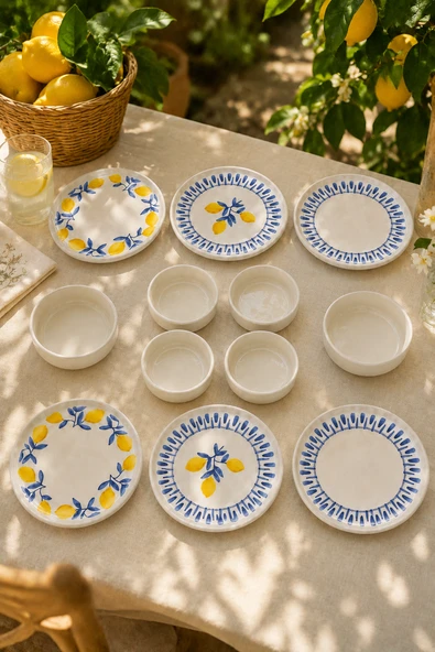 Mavi Limon 12 Parça 6 Kişilik Handmade Stackable Seramik Tabak Seti Premium Sunum & Kahvaltı Takımı ürün görseli 1