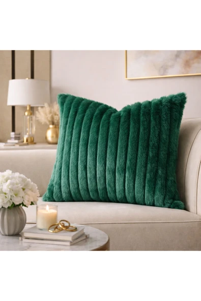Tasarım Yeşil Peluş Kırlent Kılıfı 43x43 cm, Yumuşak Dokulu Modern Dekoratif Koltuk Yastık Kılıfı ürün görseli 1