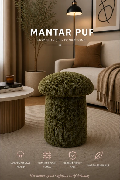 Tasarım Luxury Mantar Puf – İthal Bukle Kumaş, Modern & Zarif ürün görseli 1