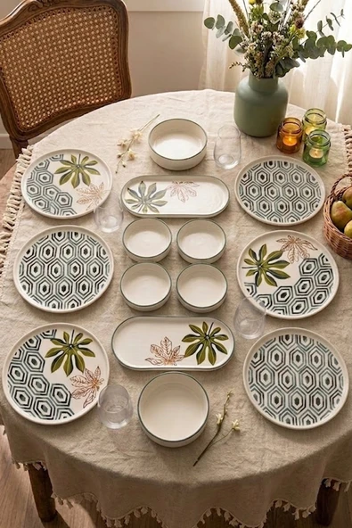 Botanik 6 Kişilik 14 Parça Handmade Seramik Kahvaltı Takımı Modern Kahvaltı Sunum Seti Desenli Tabak ürün görseli 1