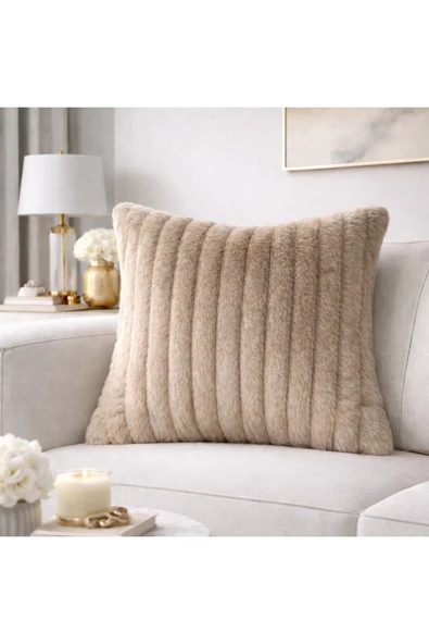 Tasarım Bej Peluş Kırlent Kılıfı 43x43 cm Yumuşak Dokulu Dekoratif Koltuk Yastık Kılıfı ürün görseli 1