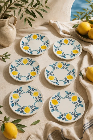 6’lı Handmade Limon Desenli Seramik Tatlı Tabağı 16 cm Akdeniz Temalı Pasta Kahvaltı ve Sunum Tabağı ürün görseli 1