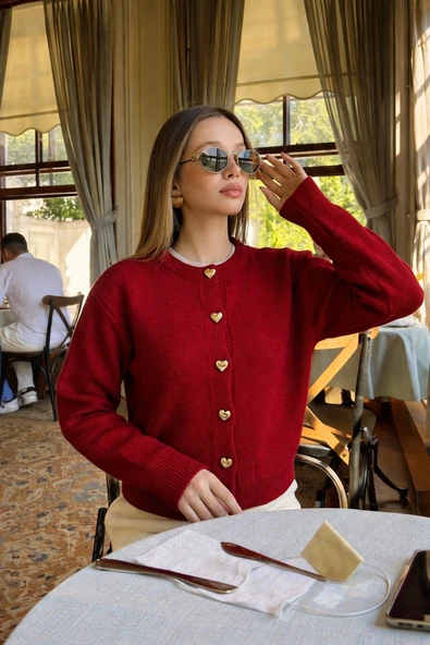 orjinal blue b Kalp Düğme Detaylı Bordo Triko Hırka Bordo Standart ürün görseli 1