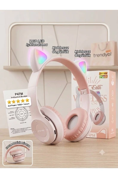 10numara STN Pembe Kablosuz Bluetooth Kulaklık Led Işıklı Mikrofonlu Kedili Kulaklık Gri ürün görseli 1