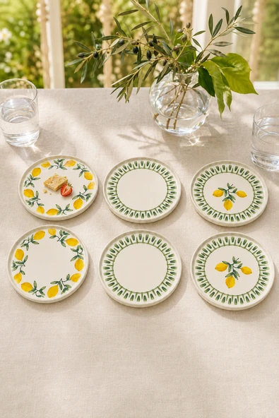 Yeşil limon 6’lı Seramik Pasta ve Servis Tabağı Seti Stackable 20 cm Limon Desenli Akdeniz Sofra Takımı ürün görseli 1