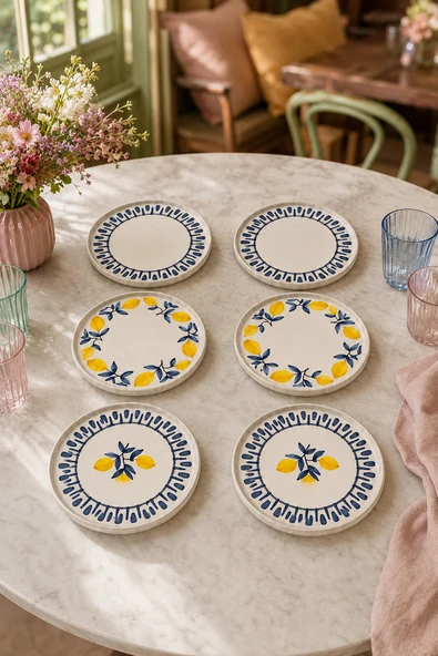 Mavi limon 6’lı Seramik Pasta ve Servis Tabağı Seti Stackable 20 cm Limon Desenli Akdeniz Sofra Takımı ürün görseli 1