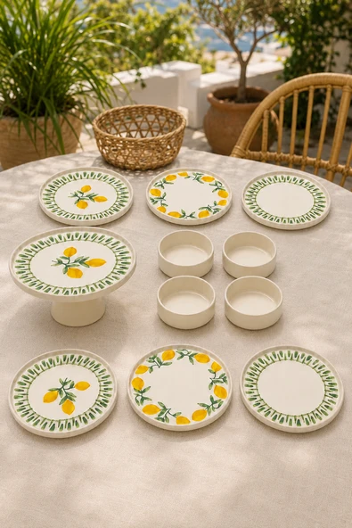 Yeşil Limon 11 Parça 6 Kişilik Handmade Stackable Seramik Tabak Seti Premium Sunum & Kahvaltı Takımı ürün görseli 1