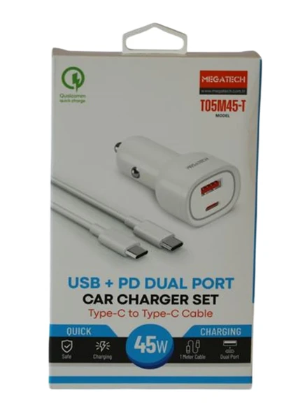 Megatech T05M45-T Beyaz 45W Pd-Usb Araç Çakmaklık Şarj Başlığı Hızlı Şarj(Type-C To Type-C Kablo) ürün görseli 1