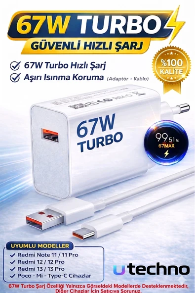 JABA'S 67W (WATT) Turbo Hızlı Şarj Adaptör+Kablo(Set) Xiaomi Redmi Note 11/11pro/12/12 Pro/13/13pro Uyumlu Beyaz ürün görseli 1