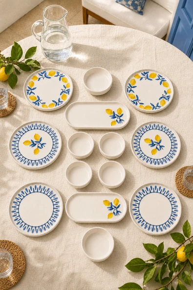 Mavi Limon 14 Parça 6 Kişilik Handmade Stackable Seramik Tabak Seti Premium Sunum & Kahvaltı Takımı ürün görseli 1