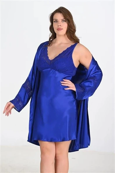 Nevamel® Premium Büyük Beden Saten Dantel İşlemeli Saks 2'Li Gecelik Sabahlık Takımı Bigsize ürün görseli 1