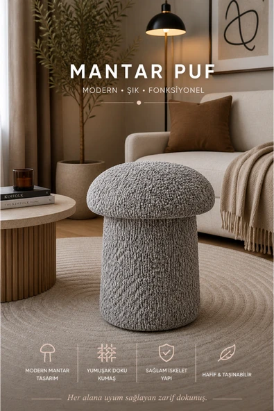 Tasarım Luxury Mantar Puf – İthal Bukle Kumaş, Modern & Zarif ürün görseli 1
