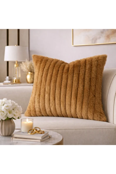 Tasarım Taba Peluş Kırlent Kılıfı 43x43 cm Yumuşak Dokulu Dekoratif Koltuk Yastık Kılıfı ürün görseli 1