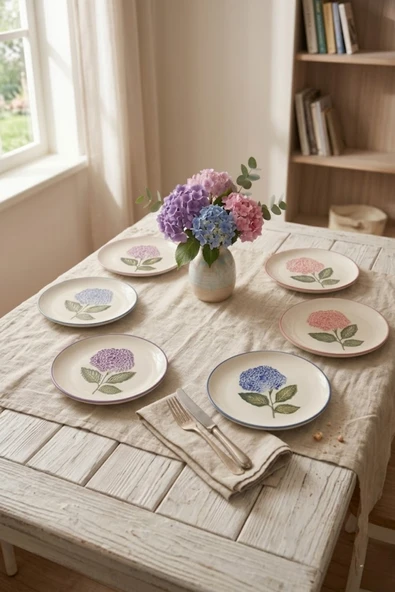 Ortanca 6’lı Handmade Pasta Tabağı Seramik Sunum & Tatlı Servis Tabak Seti Kahvaltı Tabağı ürün görseli 1