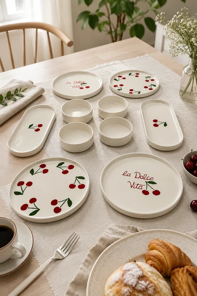 Rubby Cherry 10 Parça 4 Kişilik Handmade Kahvaltı Takımı Lüx Kahvaltılık Sunum Seti Tabağı & Pasta Sunum Tabağı ürün görseli 1