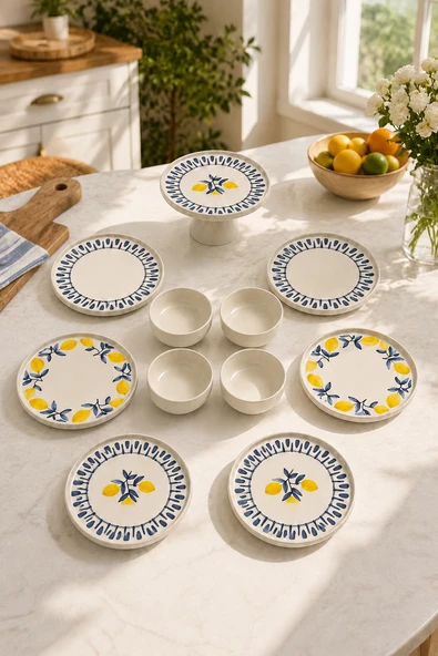Mavi Limon 11 Parça 6 Kişilik Handmade Stackable Seramik Tabak Seti Premium Sunum & Kahvaltı Takımı ürün görseli 1