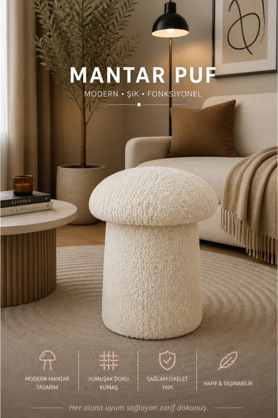 Tasarım Luxury Mantar Puf – İthal Bukle Kumaş, Modern & Zarif ürün görseli 1