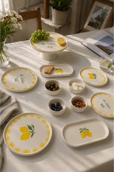 Vita Lemony 11 Parça 6 Kişilik Handmade Stackable Seramik Tabak Seti Sunum & Kahvaltı Takımı Ayaklı Sunum Standlı Kahvaltı Takımı ürün görseli 1