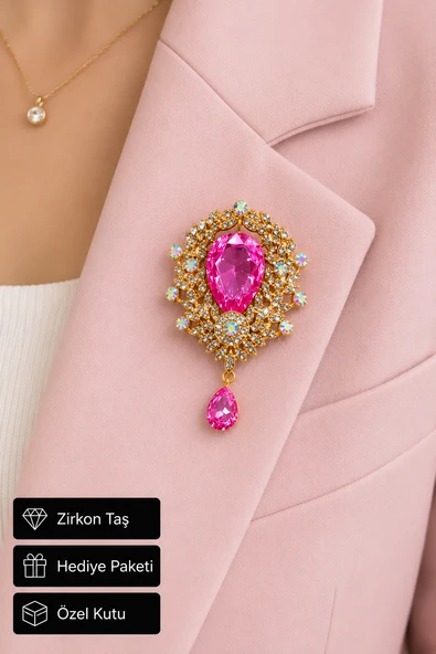 Pembe Damla Taşlı Zirkon Kadın Broşu Gold Renk Şık Tasarım Hediye Yaka Aksesuarı ürün görseli 1