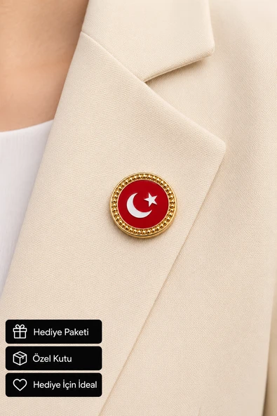 Türk Bayrağı Motifli Gold Kadın Broşu – Zarif Hilal Yıldız Tasarımlı Yaka Broşu ürün görseli 1
