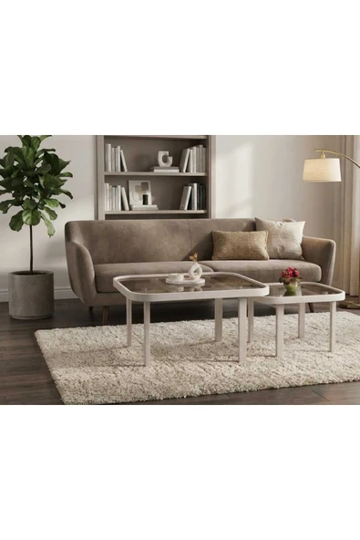 KLASS DEKOR Soft Camlı Orta ve Yan Sehpa Set Beyaz ürün görseli 1