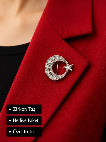 Işıltılı Ay ve Yıldız Kadın Broşu Zirkon Taşlı Zarif Yaka Aksesuarı Hediye ürün görseli 1