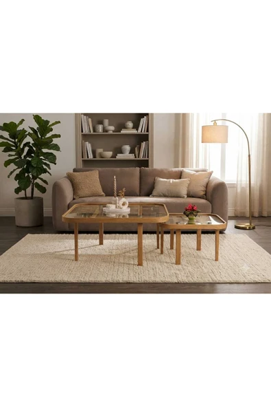 KLASS DEKOR Soft Camlı Orta ve Yan Sehpa Set Meşe ürün görseli 1