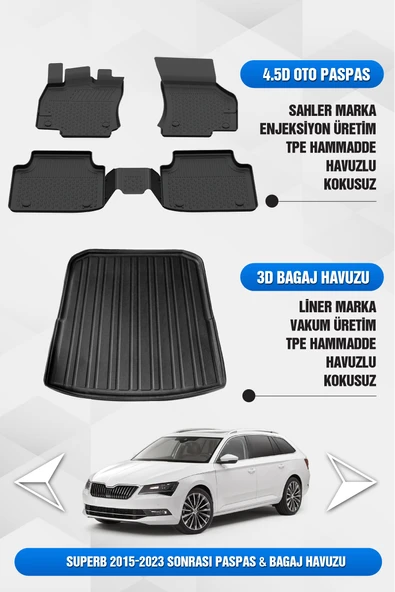 Sahler Skoda Superb 2015-2023 Uyumlu 4.5D Premium Havuzlu Oto Paspas ve Liner Marka 3D Bagaj Havuzu ürün görseli 1