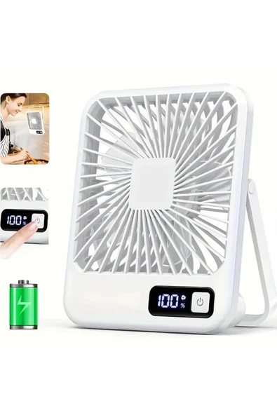 Bychie Mini Taşınabilir Ve Şarj Edilebilir Şarjlı Masa Fanı,Dijital Şarj Göstergeli, 5 Kademeli Sessiz Fan-BEJ ürün görseli 1