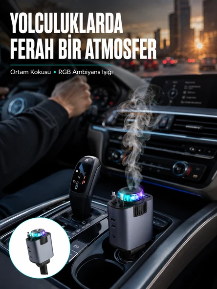 Araç İçi Çok Fonksiyonlu Şarj Cihazı Hava Nemlendirici Aroma ve Yıldız Işık Yeni Nesil ürün görseli 1