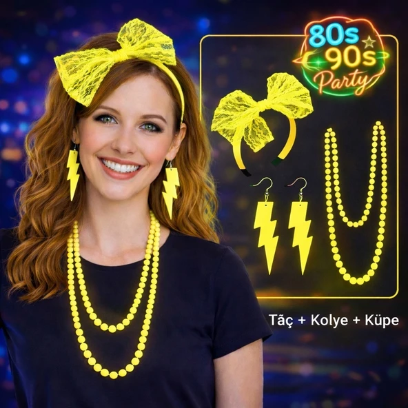 80’ler 90’lar Neon Sarı Parti Seti – Kolye Küpe Taç ürün görseli 1