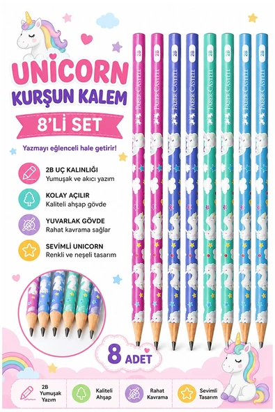 Unicorn Kurşun Kalem 8 Adet Faber Castell Yuvarlak Gövdeli Siyah Kurşun Kalem Yumuşak Yazım Kolay Tutuş Kaliteli ürün görseli 1