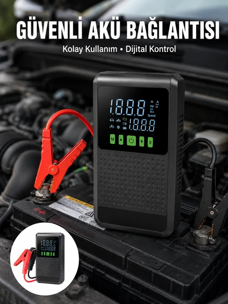 12.000 mAh Şarjlı Araç Akü Takviye ve Işıklı Hava Kompresörü Yeni Nesil ürün görseli 1