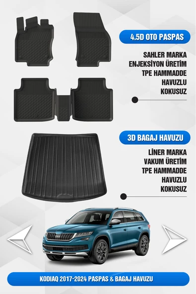 Sahler Skoda Kodiaq 2017-2024 Uyumlu 4.5D Premium Havuzlu Oto Paspas ve Liner Marka 3D Bagaj Havuzu ürün görseli 1