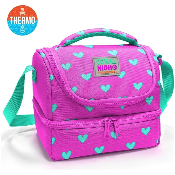 Coral High Kids Neon Pembe Su Yeşili Kalpj Desenli Thermo Iki Katlı Beslenme Çantası 37212 ürün görseli 1