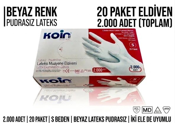 S Beden Beyaz Lateks Pudrasız Eldiven - 2.000 Adet ürün görseli 1