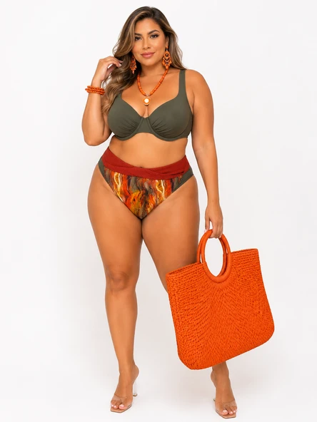 Büyük Beden Balenli Desenli Ayarlanabilir Askılı Toparlayıcı Kadın Bikini Takımı ürün görseli 1