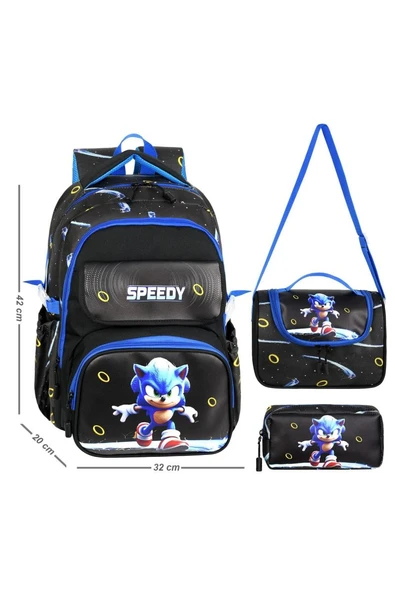 Waddell Deri Baskılı Sonic Temalı İlkokul Sırt Çantası,Termal Beslenme Çantası Ve Kalemlik 26203 ürün görseli 1