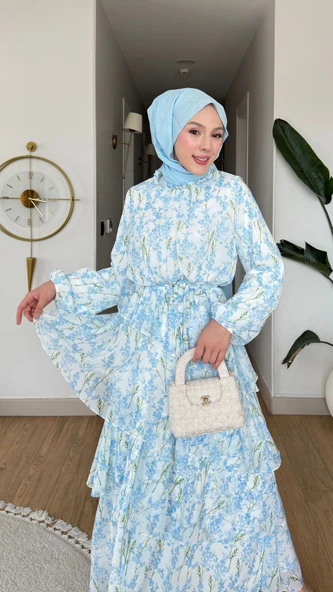 Mimoza Şifon Elbise - Mavi - Resim 2