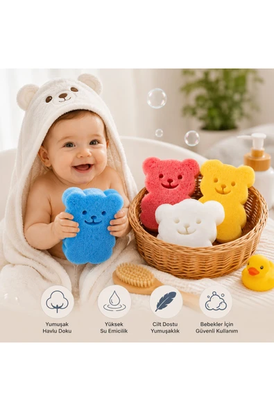 Bebekevi Ayıcık Figürlü Bebek Banyo Süngeri 4’lü Renkli Yumuşak Banyo Lifi ürün görseli 1