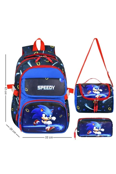 Waddell Deri Baskılı Mavi Sonic Temalı İlkokul Sırt Çantası,Termal Beslenme Çantası Ve Kalemlik 26206 ürün görseli 1